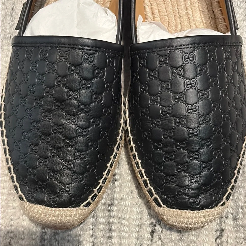 Gucci Black Leather Espadrilles with Natural Jute Trim